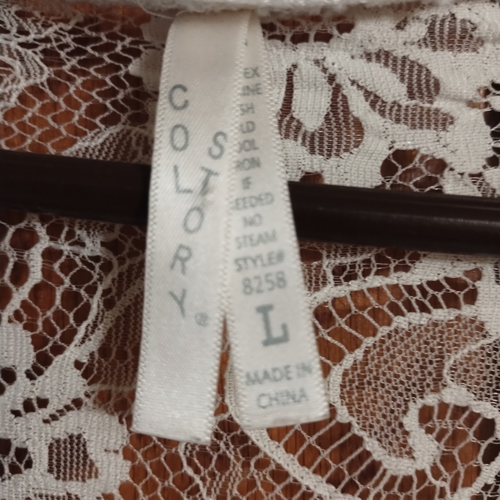 #0100  Col Story size L white cardigan with lace back.